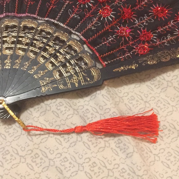Red Black Gold Fabric & Plastic Fan with Tassel - Picture 3 of 7